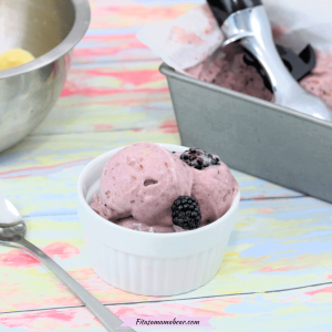 Featured image with text: vegan banana and blackberry ice cream in a white bowl with more behind it