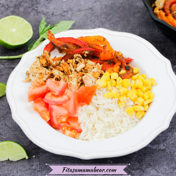 Featured image: chicken fajita bowl on rice with corn, peppers and tomatoes