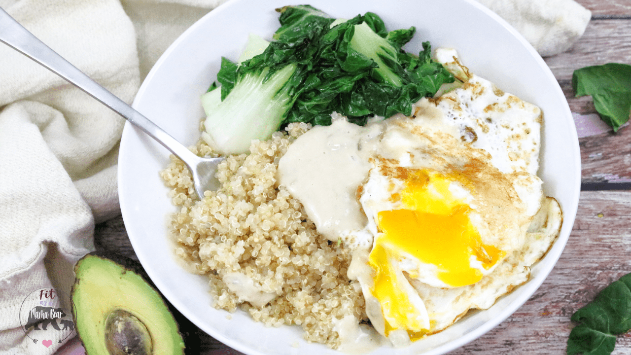 Featured image: savoury quinoa breakfast bowl with eggs and bok choy in a white bowl