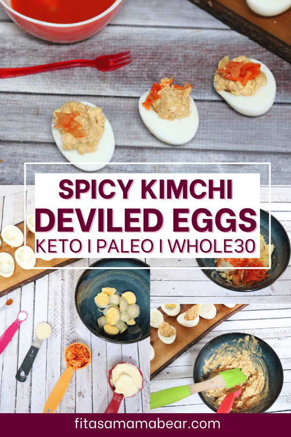 Multiple images with text the top images of deviled eggs with kimchi in a line the bottom images shots of making the deviled eggs