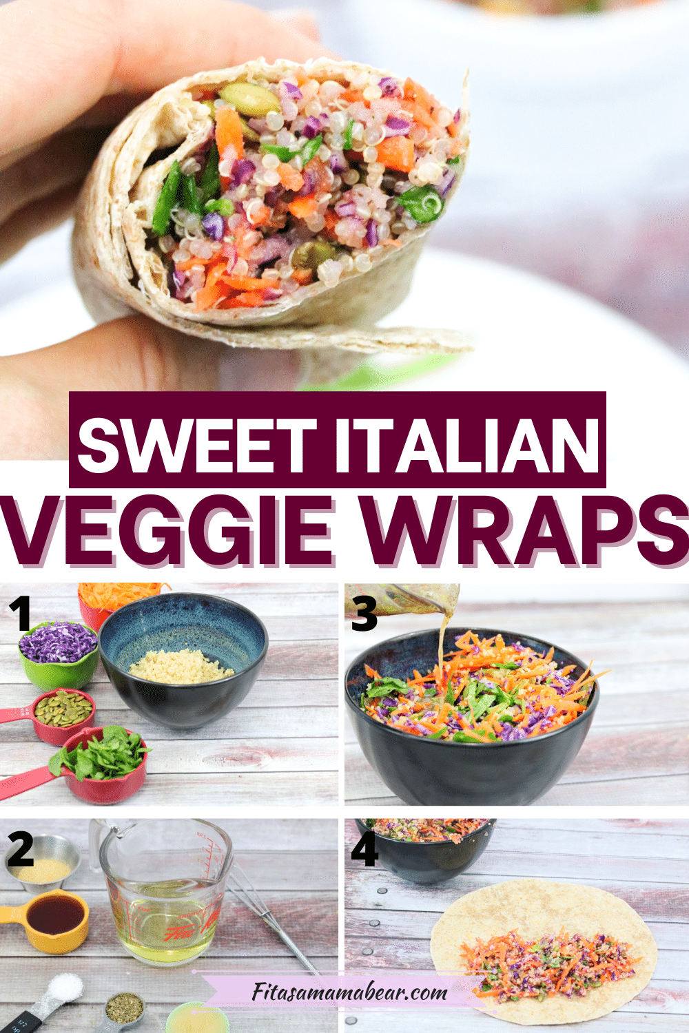 Image with text: multiple images of a veggie quinoa wrap. One image held up close the other images of how to make the gluten-free wrap