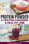 Pin image with text: two images, the top of multiple protein powders in bowls and spoons and the bottom of a purple protein shake with protein powder around it