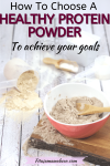 Pin image with text: chocolate protein powder in a pink bowl on a cutting board with vegan protein powders on multiple spoons around it