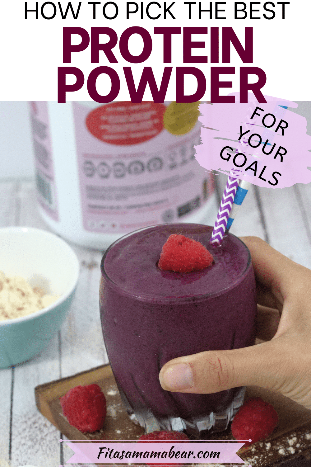 Pin image with text: purple protein shake with raspberries being placed on a cutting board and vegan protein powders in bowls and scoops around it