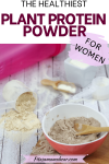 Pin image with text: chocolate protein powder in a pink bowl on a cutting board with vegan protein powders on multiple spoons around it and a pink shaker up