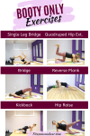 Multiple images of a woman performing glute isolation exercises at home.