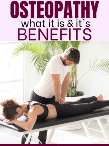 Pin image with text: woman in sports bra and black pants getting an osteopathic treatment from a man in a white shirt on a black table