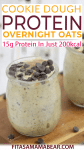Pin image with text: small jars with overnight protein oats lined up on a wooden cutting board and topped with chocolate chips