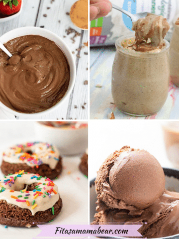 Pin image with text: multiple images of high protein snacks like protein smoothies, donuts, protein fluff and ice cream