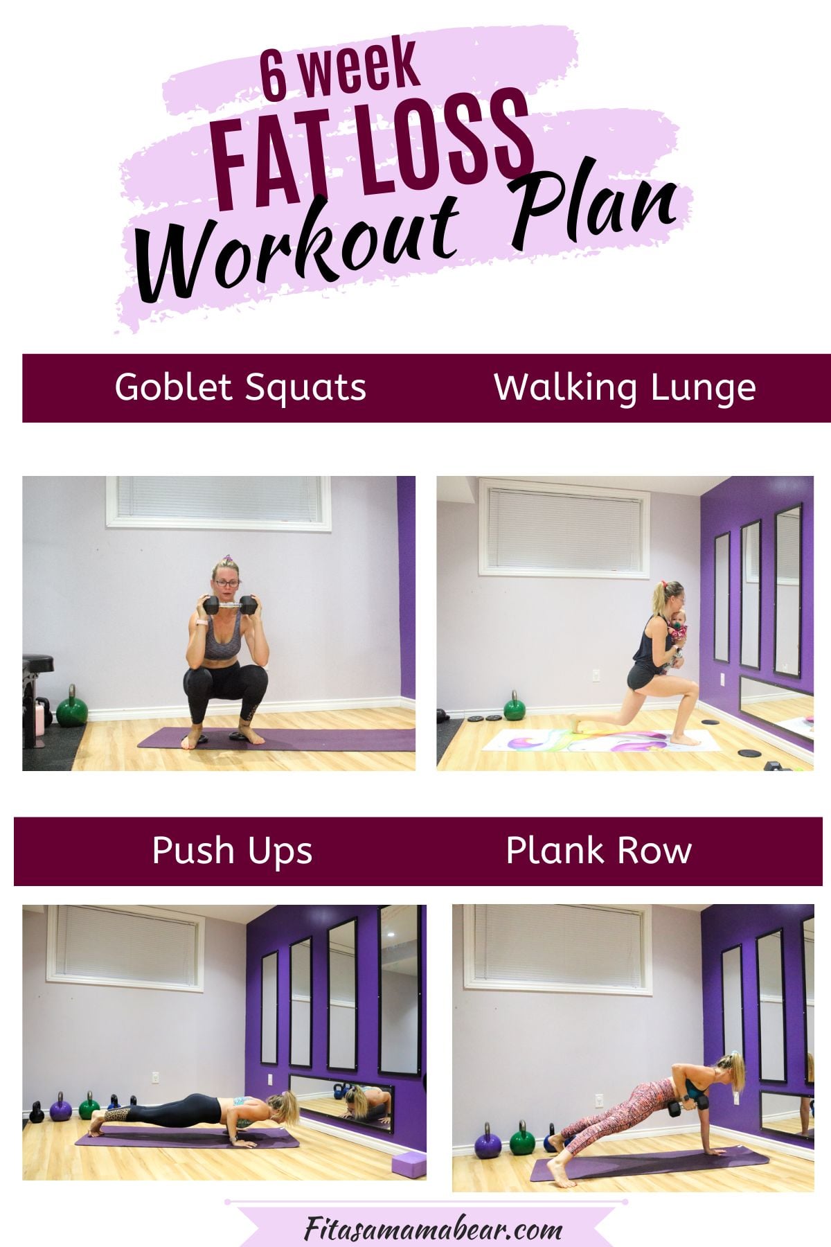Four images of a woman in workout shorts performing exercises with a dumbbell for fat loss with text above the image.