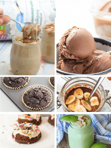 Pin image with text: multiple images of high protein snacks like protein smoothies, donuts, protein fluff and ice cream