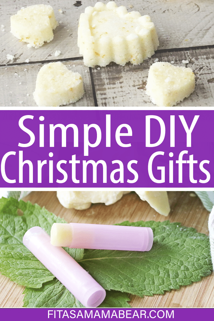Pin image with text: two images of DIy spa gifts the top image of sugar scrub lotion bars and the bottom images of homemade lip balm