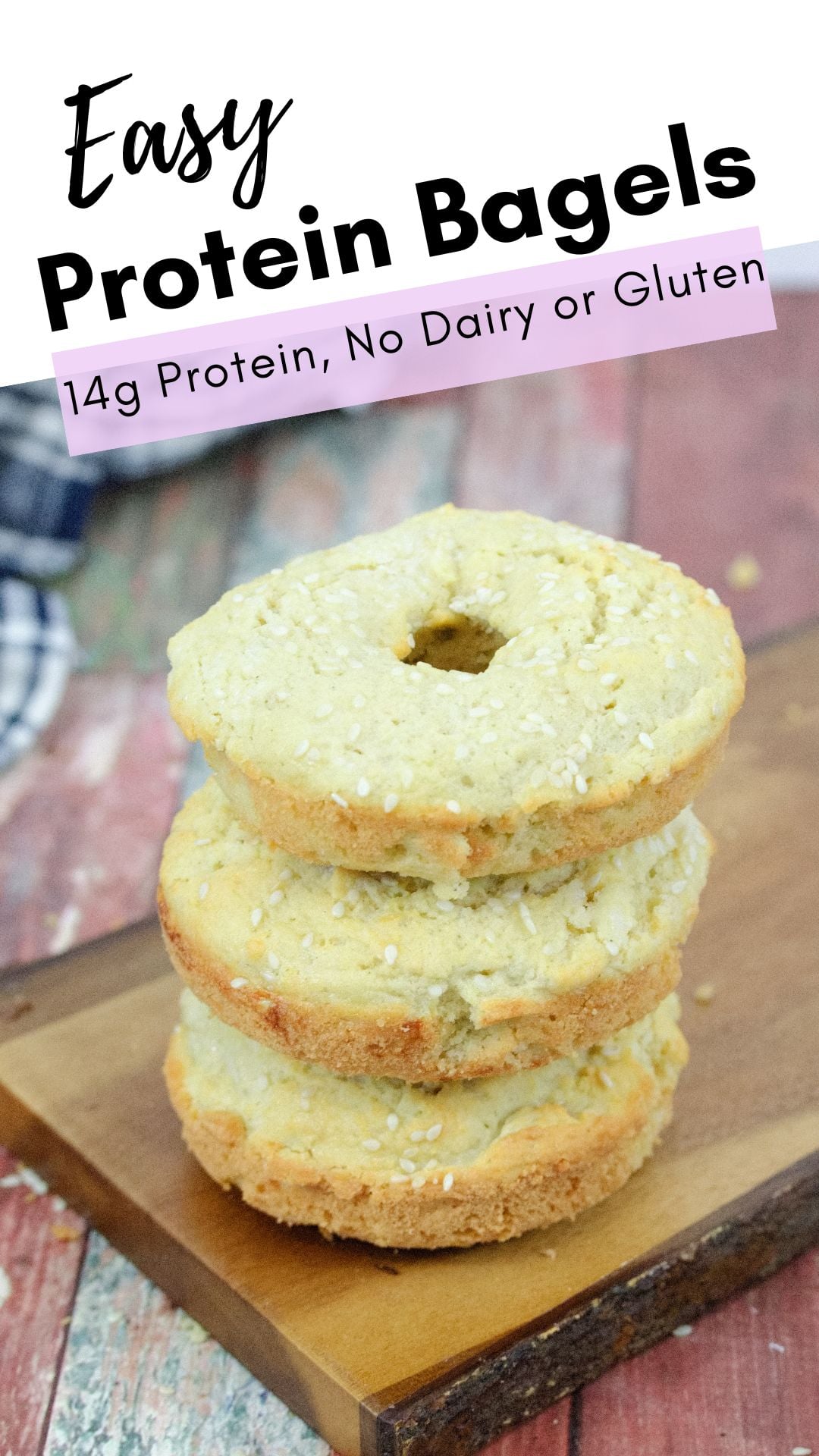 Three protein bagels stacked with text on top.