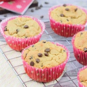Chocolate chip protein muffins in pink muffin liners on a cooling rack and chocolate chips and another muffin behind the rack.
