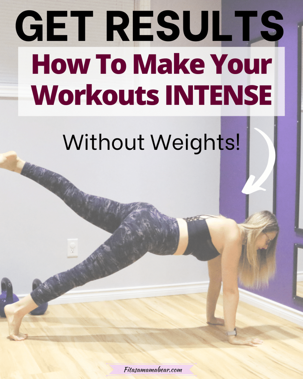 Pin image with text: Woman in black sports bra and dark purple pants in plank position with a leg raised doing at home workouts