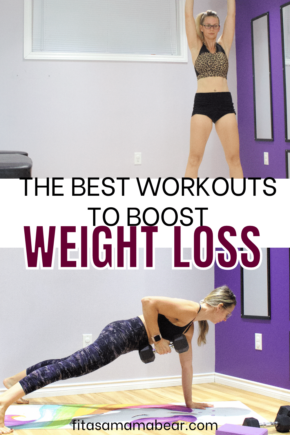 Pin image with text: two images, the first is woman in dark pants and a black sports bra performing a dumbbell row in plank position, the second is Woman in leopard sports bra and shorts performing an overhead press with a dumbbell