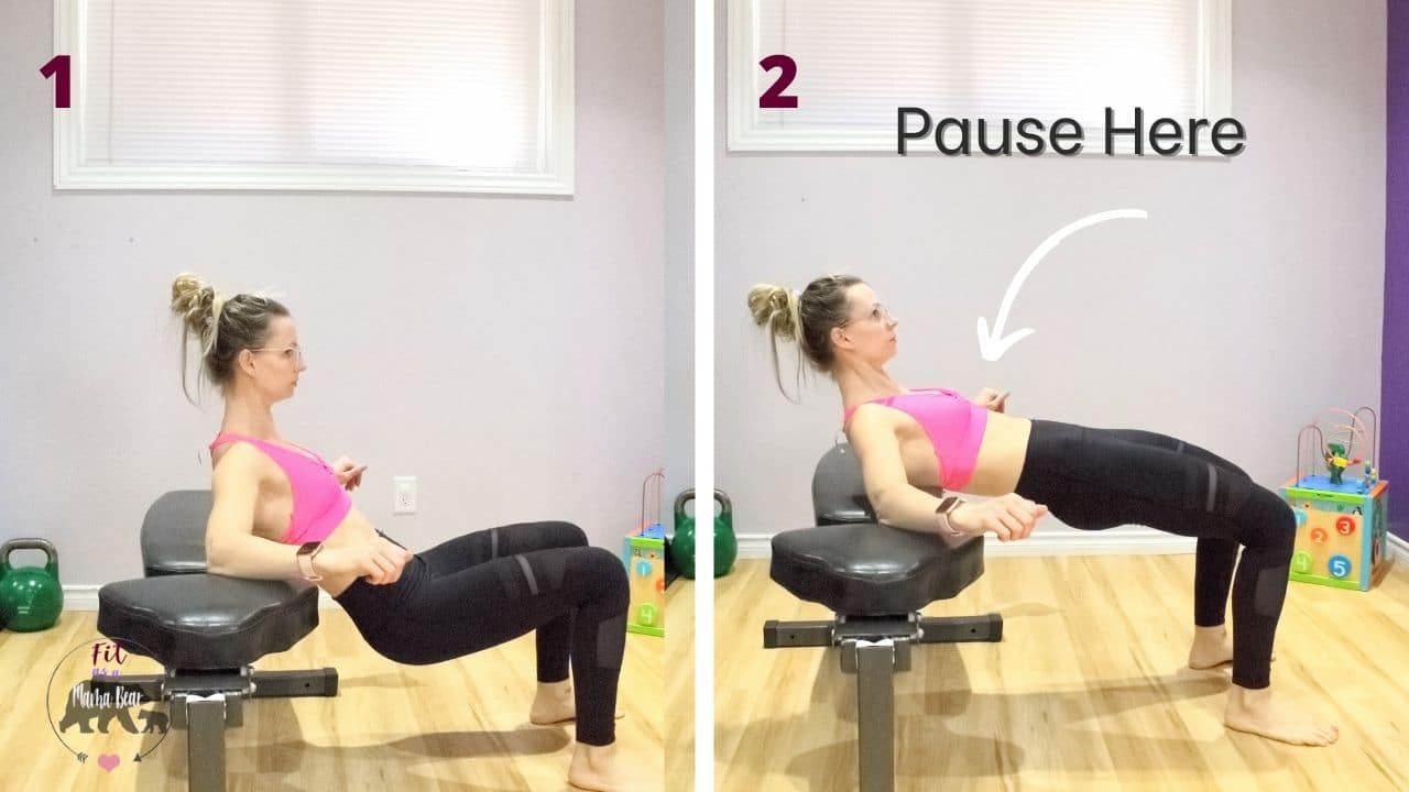 Two side by side images of a woman in a pink shirt and black pants performing a hip thrust on a bench