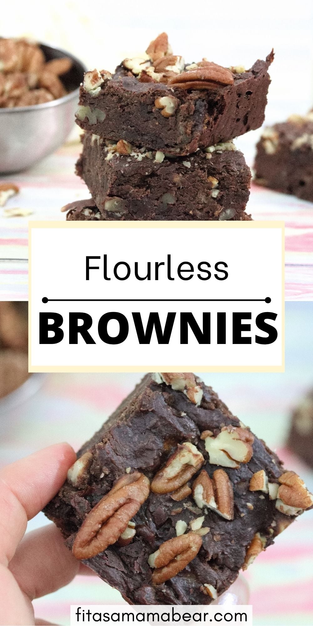 Two images of flourless protein brownies with text between them.