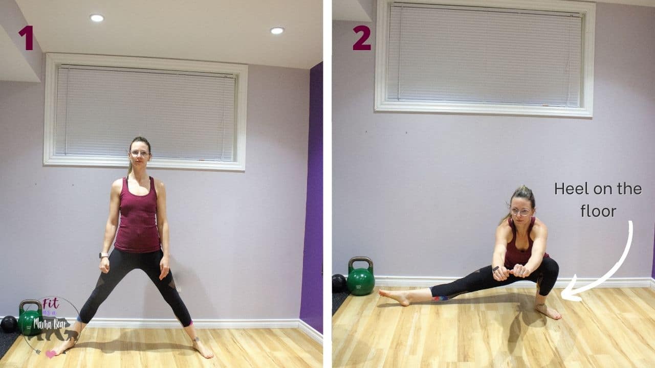 Two images of a woman in maroon shirt and black pants performing a crossack squat with text about the do's and don'ts