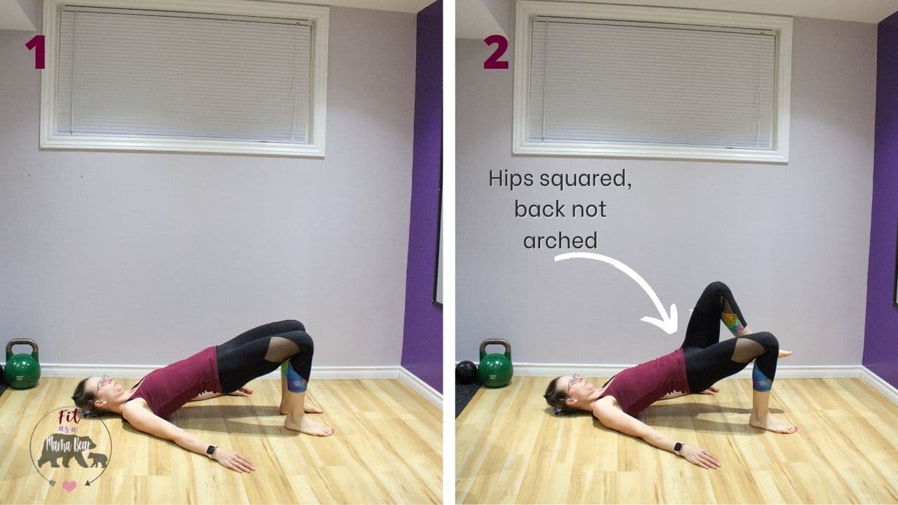 Two images of a woman in maroon shirt and black pants performing a glute march with text about pointers