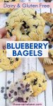Pin image with text: two images, the bottom of a blueberry bagel cut in half and one side smeared with butter with more bagels behind it and the top a close up of the full bagel