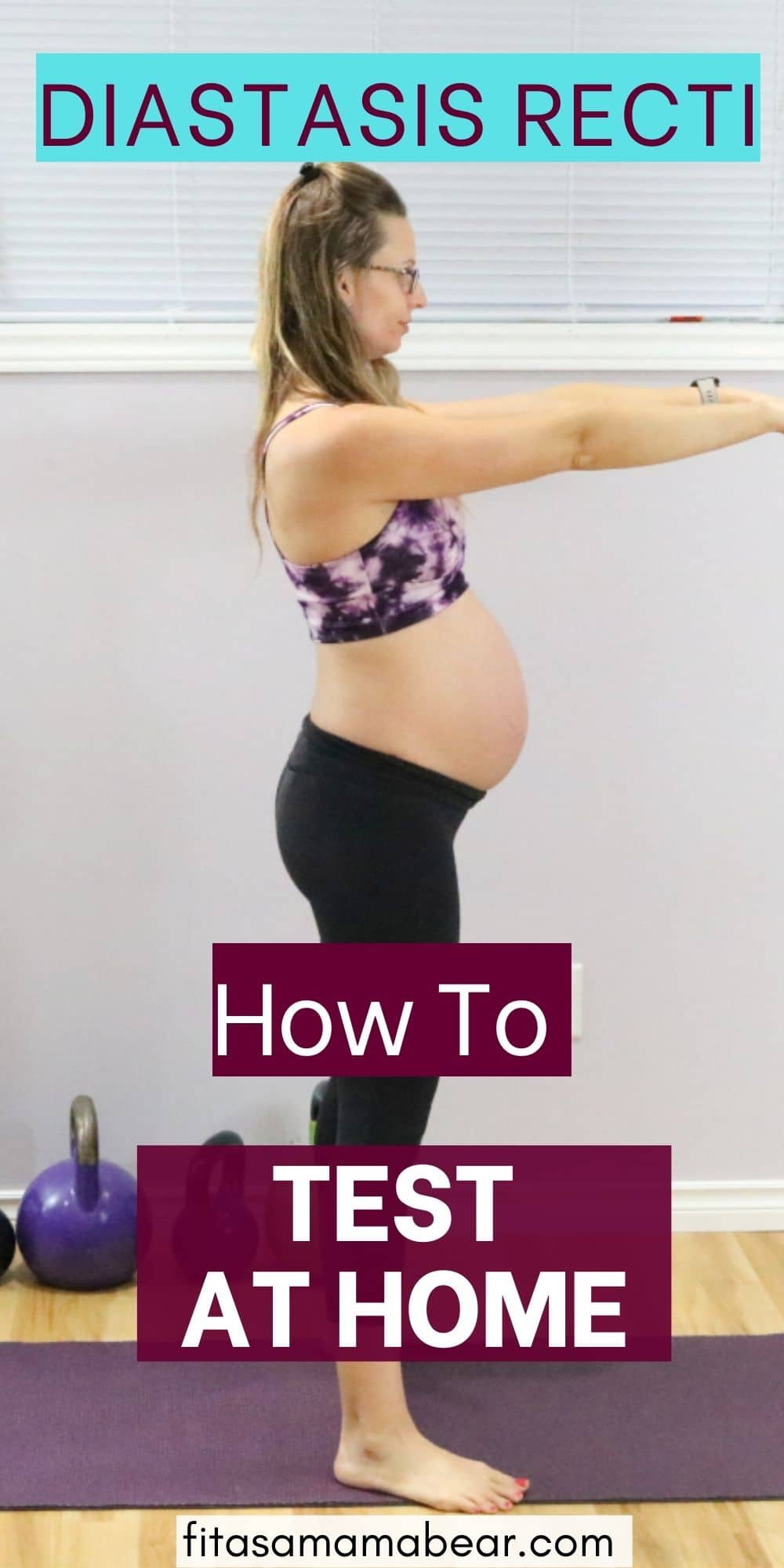 Pin image with text: pregnant lady in a sports bra and pants standing with arms straight out from shoulders and text about diastasis recti