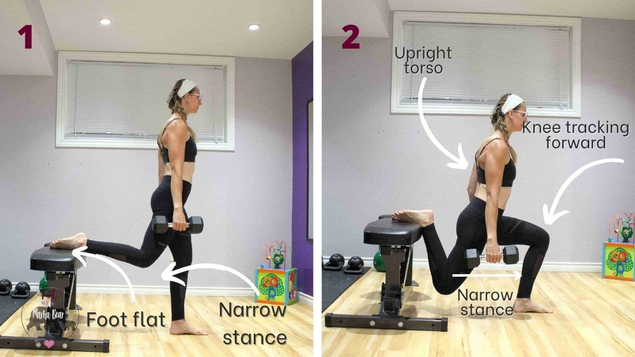 Two images of a Woman in black pants and sports bra with one foot on a bench behind her performing a Bulgarian split squat with text and arrows on how to perform it