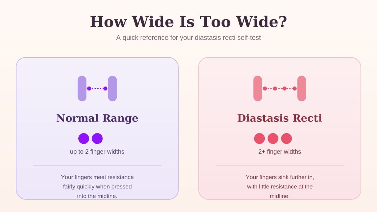 Image for diastasis recti testing and what the finger gap means.