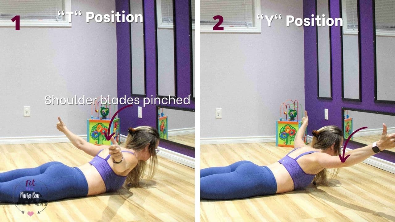 Two images of a woman in blue pants and purple sports bra performing a shoulder exercise on the floor with the arms outright and tips and arrows on how to perform it