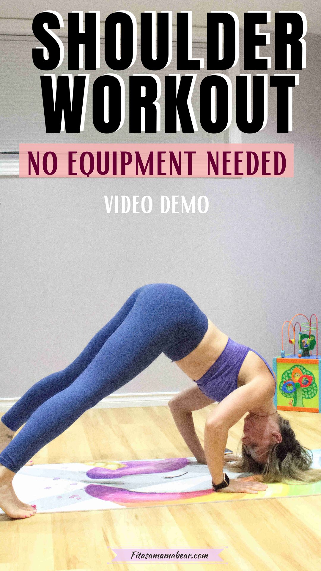 Pin image with text of a woman in blue pants and purple sports bra with feet on the floor and head down towards the ground in an upside down press
