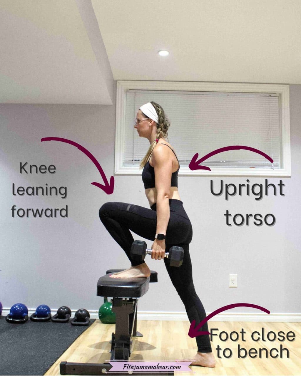 Woman in black pants and sports bra holding a dumbbell at her waist with one leg up on a bench about to do a step up and arrows and text around it for tips on performing