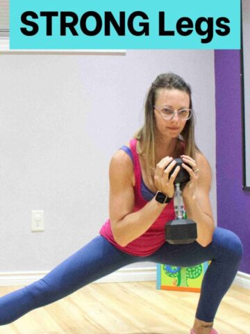 Pin image with text about exercises for quadriceps: woman in pink shirt and blue pants holding a dumbbell at chest height and performing a side lunge