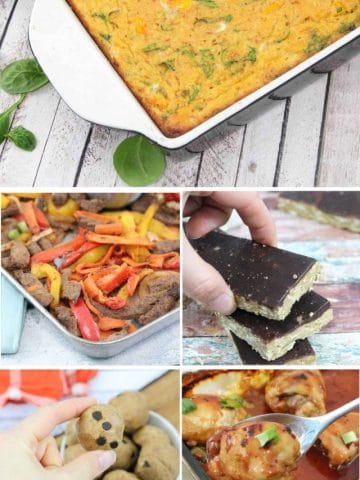 five images of steak fajitas on a baking tray, chocolate protein bars, a quinoa and veggie wrap and teriyaki chicken, and an egg casserole in a white dish on top