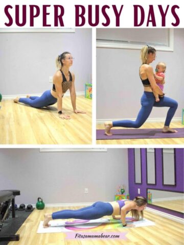 Pin image with text: three images of a women in blue pants and a black sporta bra performing bodyweight exercises on a purple yoga mat.