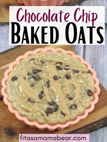 Pin image with text: two images of chocolate chip baked oatmeal in an orange mold the top image close up of a spoonful coming out