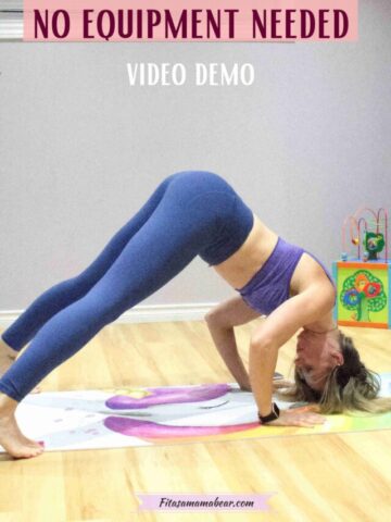 Pin image with text of a woman in blue pants and purple sports bra with feet on the floor and head down towards the ground in an upside down press