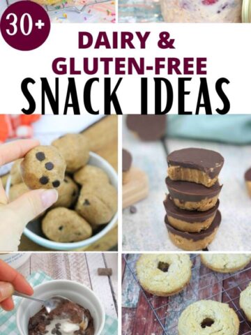 Pin image with text about dairy and gluten free snacks and six images of snacks like bagels, dairy-free oatmeal, gluten-free chocolate pudding