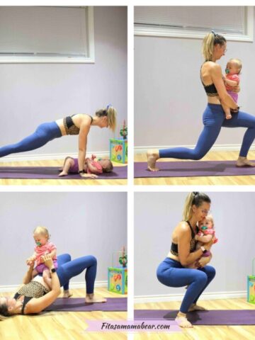 Pin image with text: woman in blue pants and black sports bra in four different photos holding a baby while performing exercises like squats, lunges, and planks