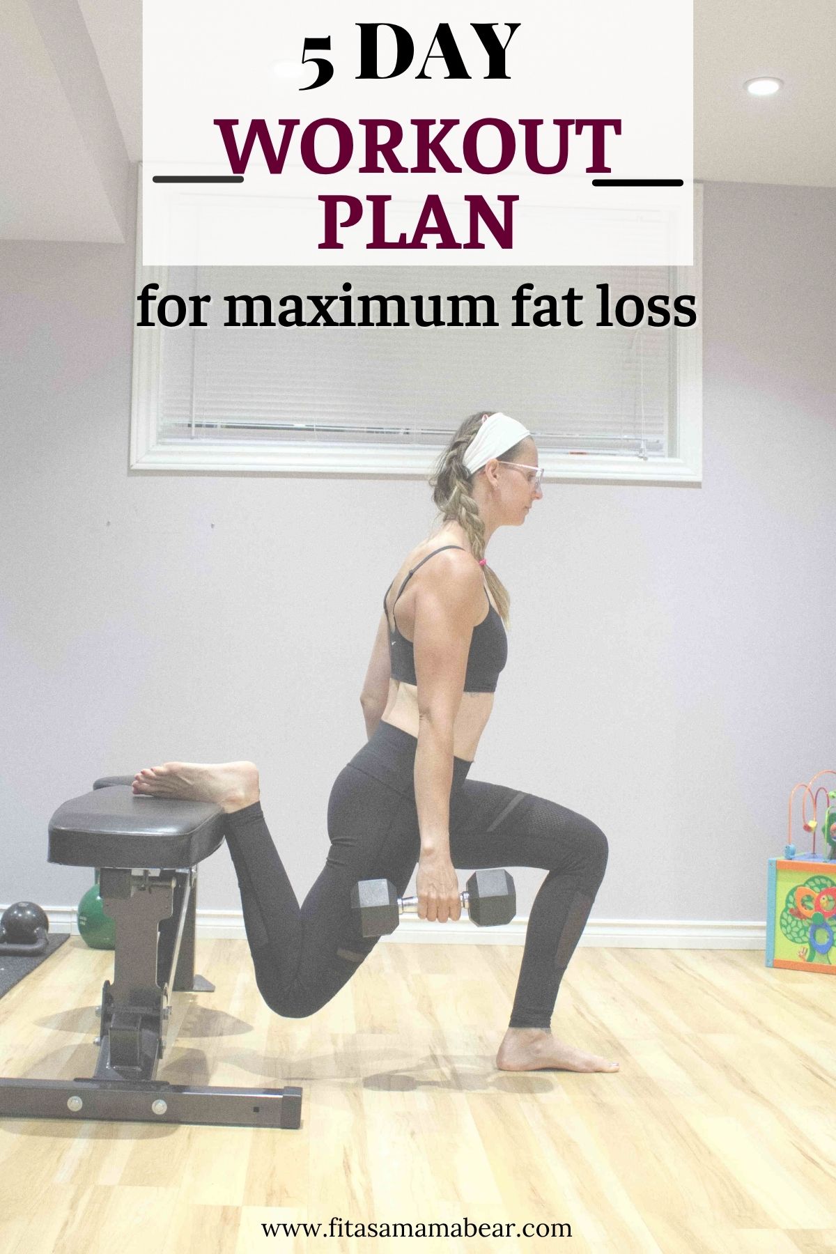 Woman in sports bran and tights with back foot elevated on bench and holding dumbbells with text about a workout split overhead.