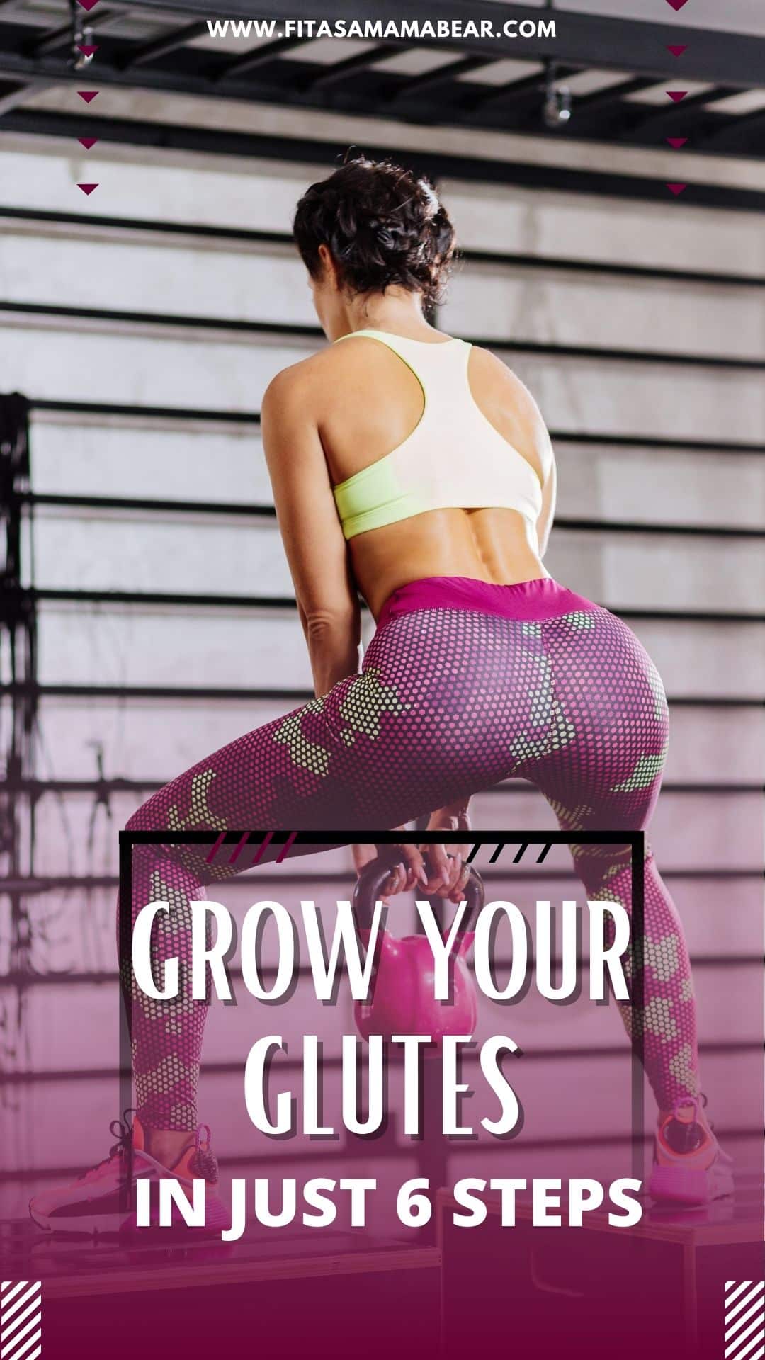 Image of woman in bright pants and white tank top from behind performing a squat with text about how to grow glutes
