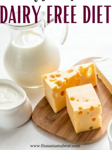 A glass jug of milk, orange cheese on a wooden cutting board and a cup of cream beside it with text about a dairy-fr