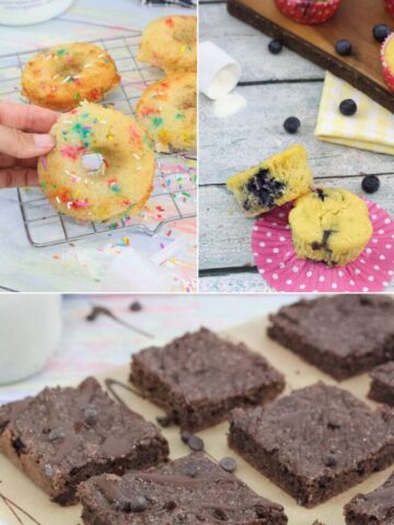 Collage of three images of brownies, donuts, and muffins.