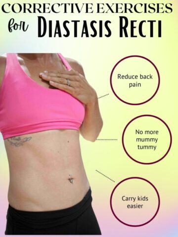 Close up image of a womans' tummy in a pink sports bra with text about diastasis recti exercises