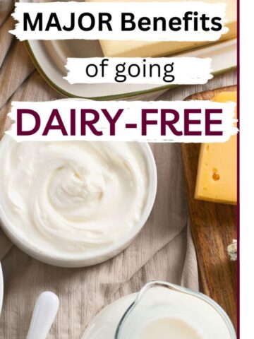 Dark wooden cutting board with a jug of milk and cheese in multiple bowls on the cutting board and text at the top of the image.