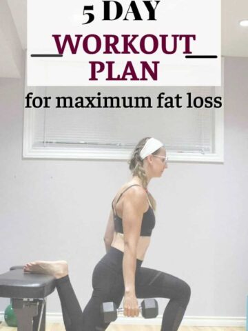 Woman in sports bran and tights with back foot elevated on bench and holding dumbbells with text about a workout split overhead