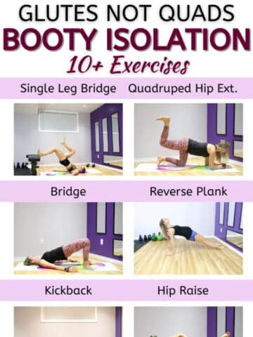 Multiple images of a woman performing glute isolation exercises at home.