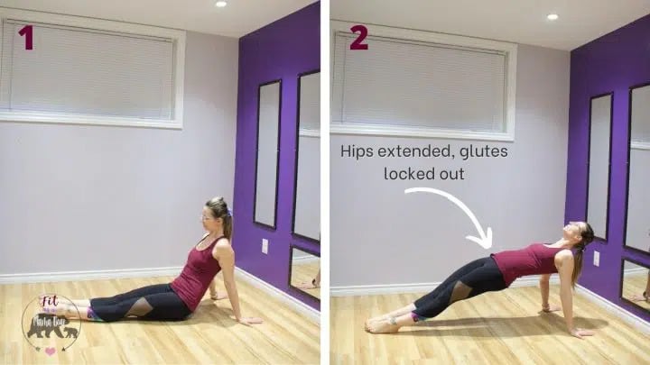 Two images of a woman in maroon shirt and black pants performing a reverse plank with text about pointers