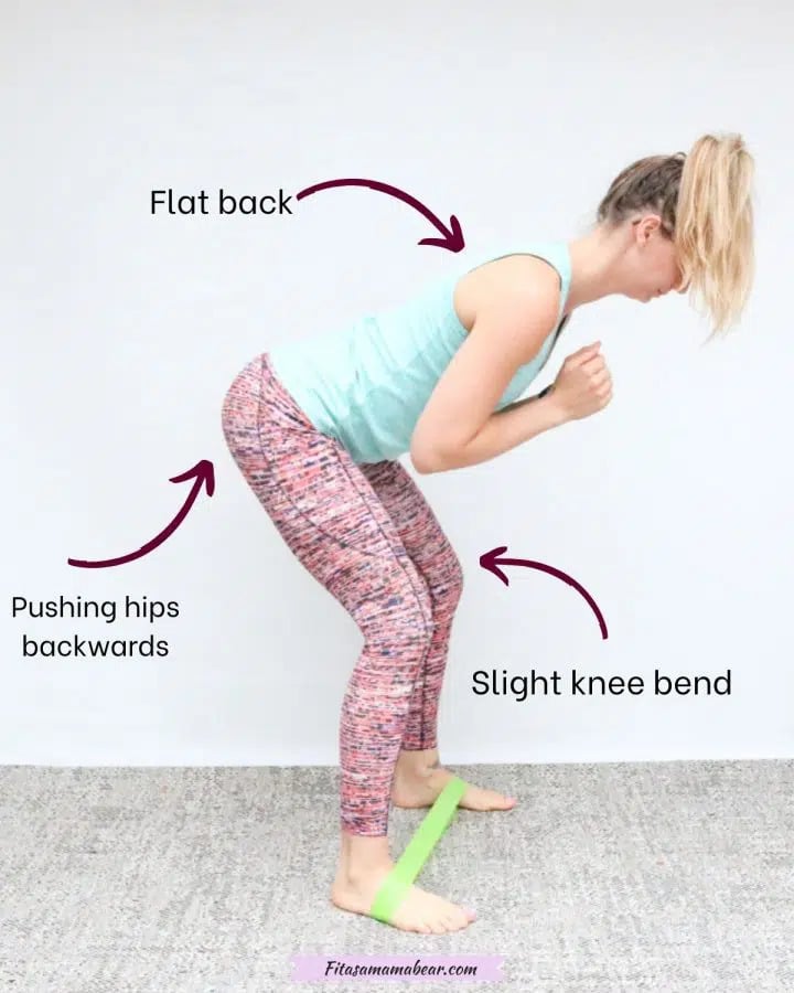 Woman in orange pants and green shirt perming a lateral band walk with arrows and text about how to perform it