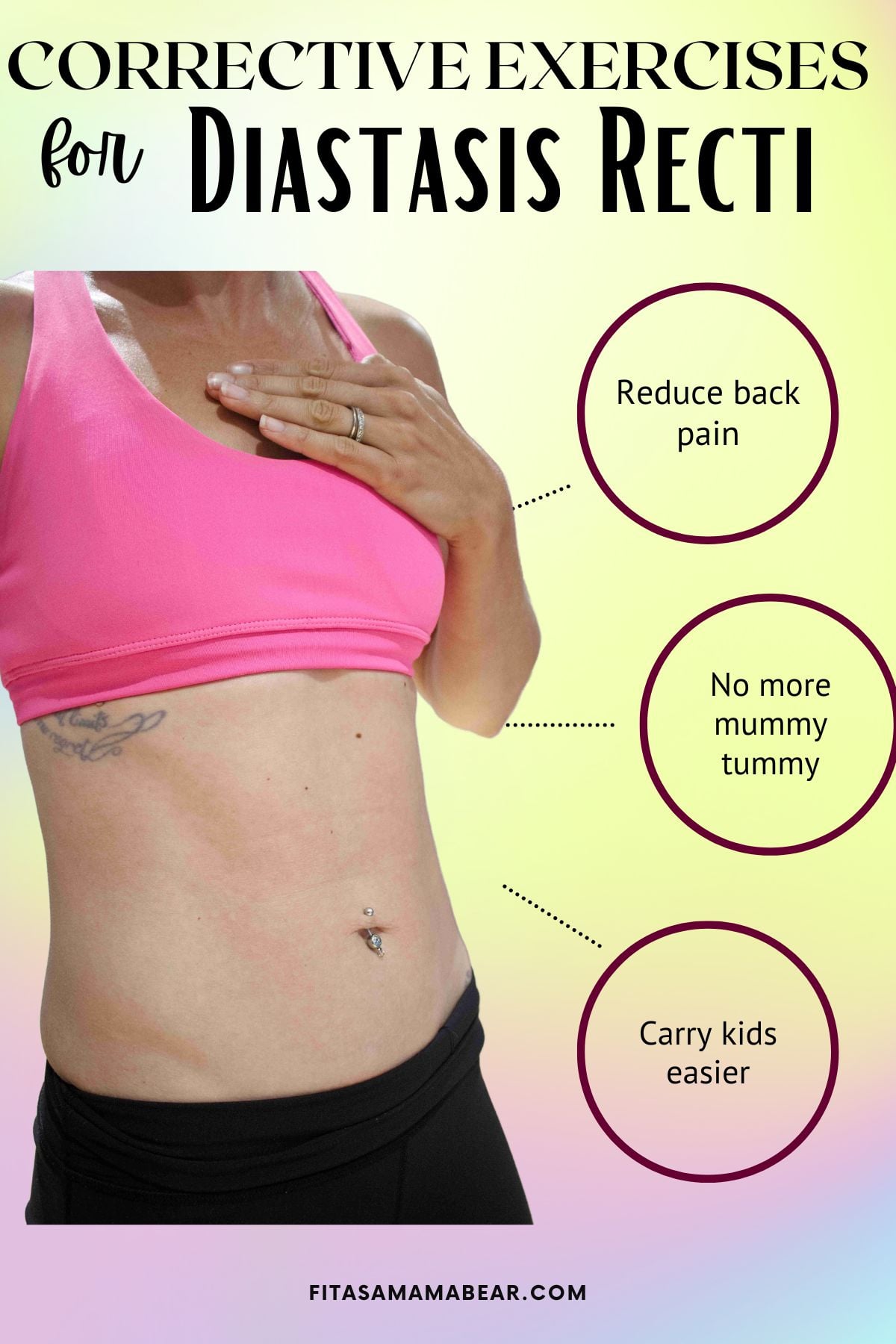 Close up image of a womans' tummy in a pink sports bra with text about diastasis recti exercises.