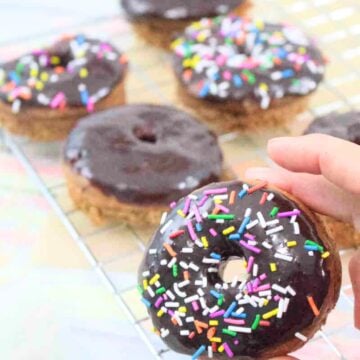Two fingers holding up a chocolate glazed protein donut with sprinkles with more donuts behind it.